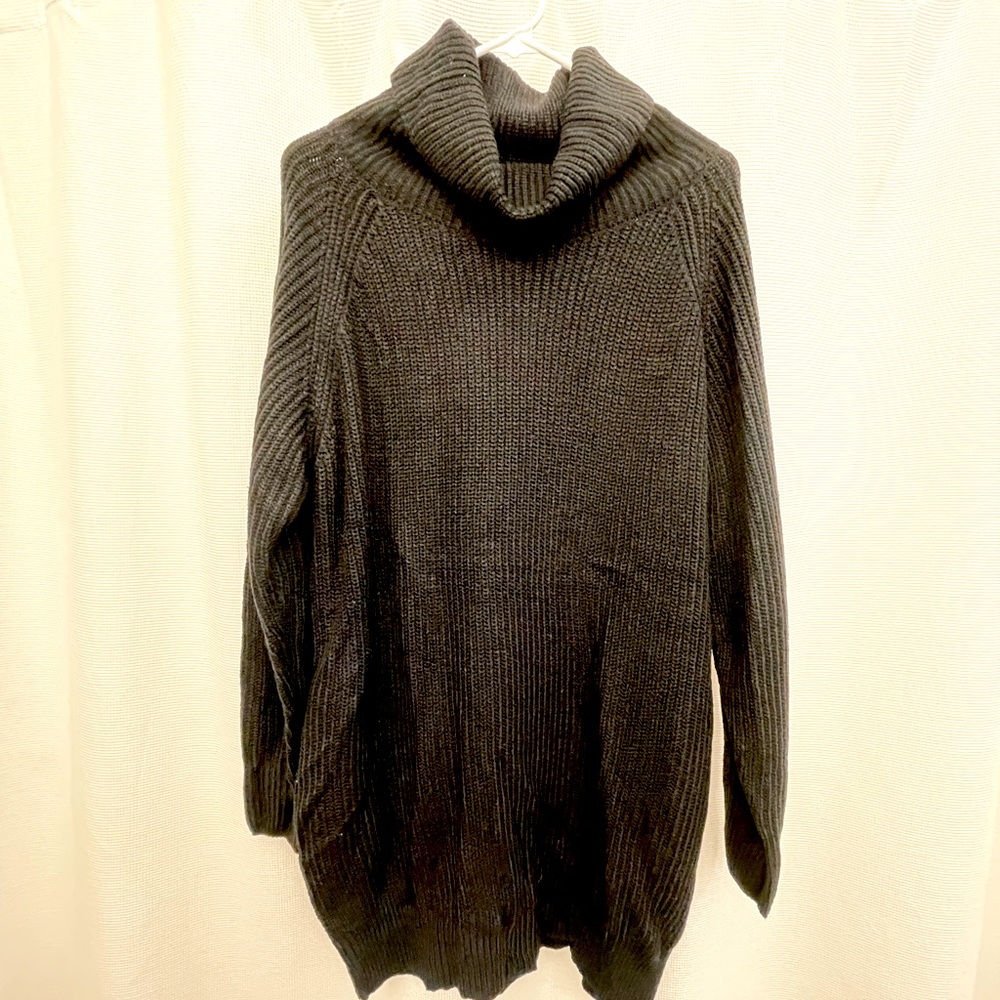 Black mock neck sweater dress with pockets
